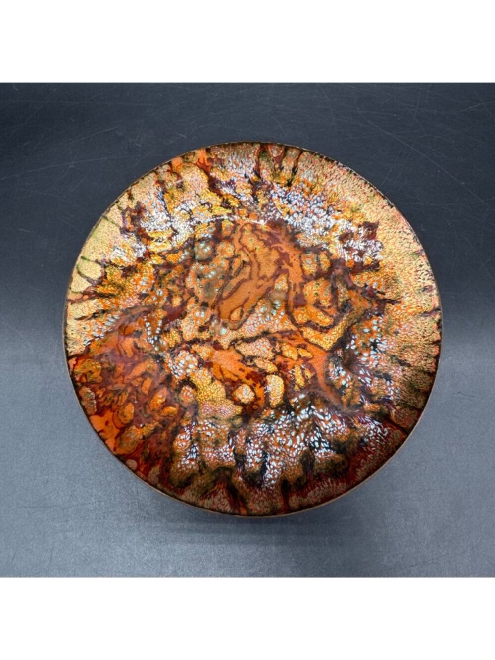 Vintage Bonnie Shopper Enamel On Copper Trinket Dish Mid Century Modern Orange - Picture 2 of 8